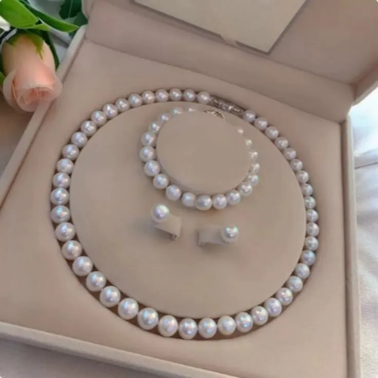Alt Text: Pearl Necklace and Earring Set with lustrous pearls