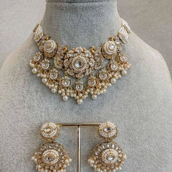 Kundan Choker Necklace Set with matching earrings and traditional stonework