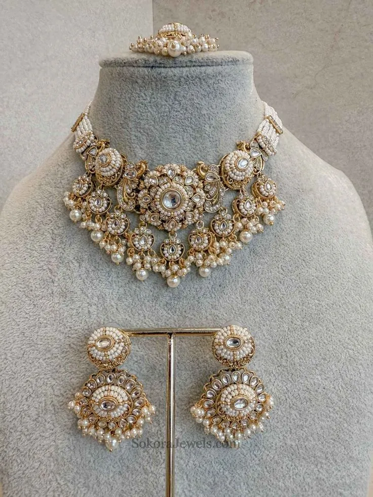 Kundan Choker Necklace Set with matching earrings and traditional stonework